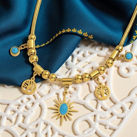 π18K Gold Plated Stainless Steel Turquoise Necklace Sun Tree Of Life Charms - Picture 10 of 12